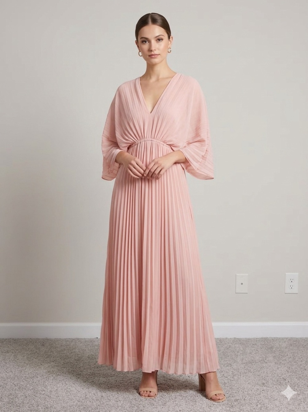 Dress Day Blush Pink Pleated Maxi Dress Size M V Neck Batwing Sleeve NWT